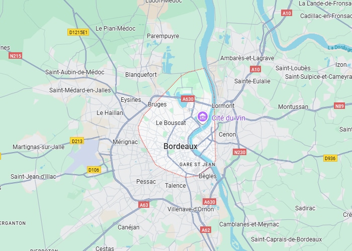 Bordeaux : carte détaillée de la ville et sa métropole. Carte de la métropole de Bordeaux. Garonne, A630, Cité du Vin, Gare St Jean, Mérignac et villes périphériques.