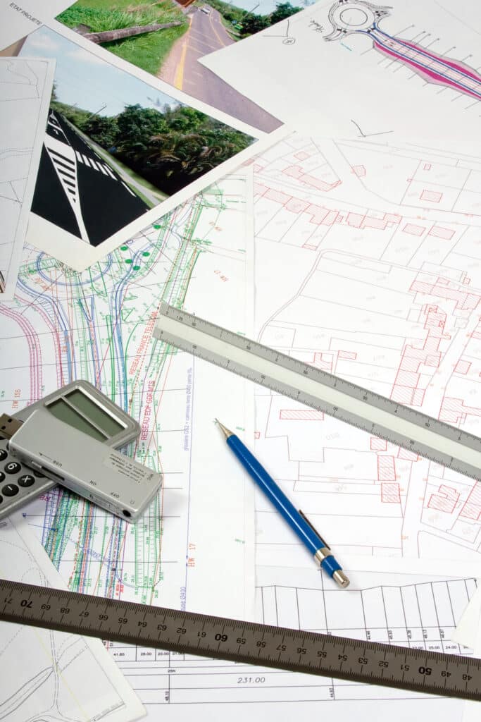 Plans de génie civil: projets routiers, urbanisme et calculs. Plans d'urbanisme et génie civil, photos de routes, outils de mesure (règles, calculatrice, crayon). Texte 'ETAT PROJETE' et 'RESEAU EDF'.